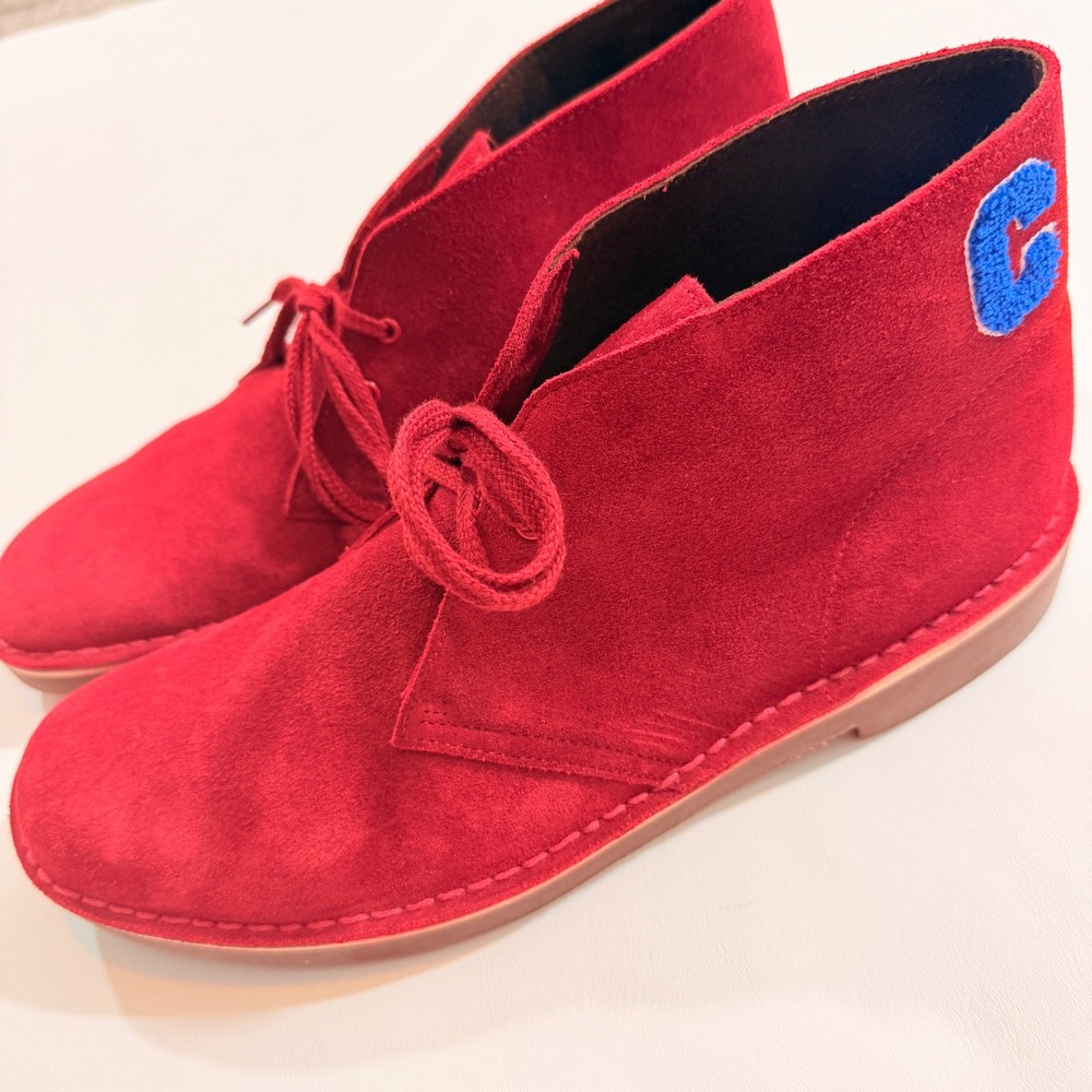 Clarks Bushacre 2 Chukka Boots Mens 11 Cherry Red Suede Chenille Patch